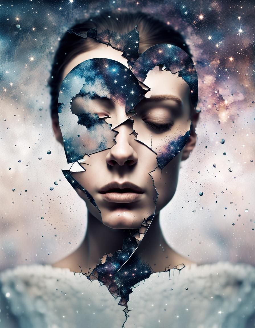 Shattered Galaxy Heart: Double Exposure Digital Art