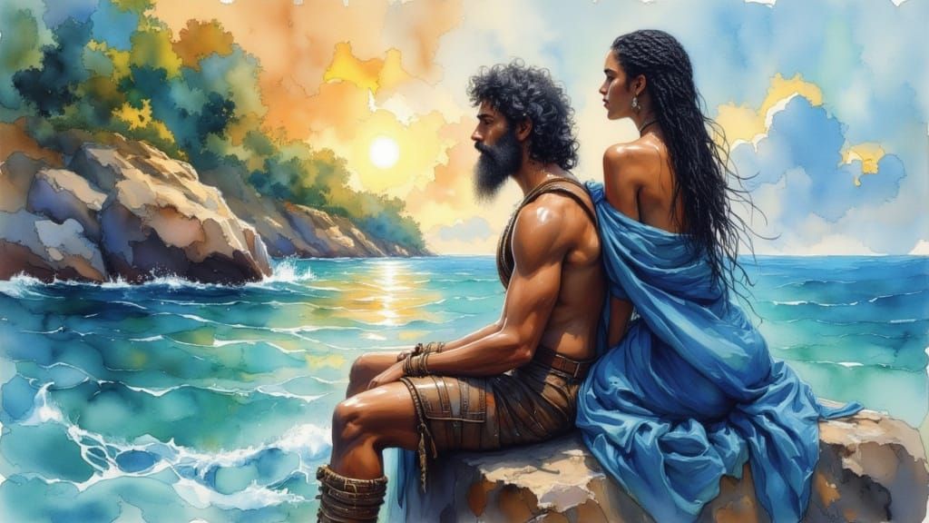 Odysseus and Calypso Contemplate Immortality in Vibrant Ink