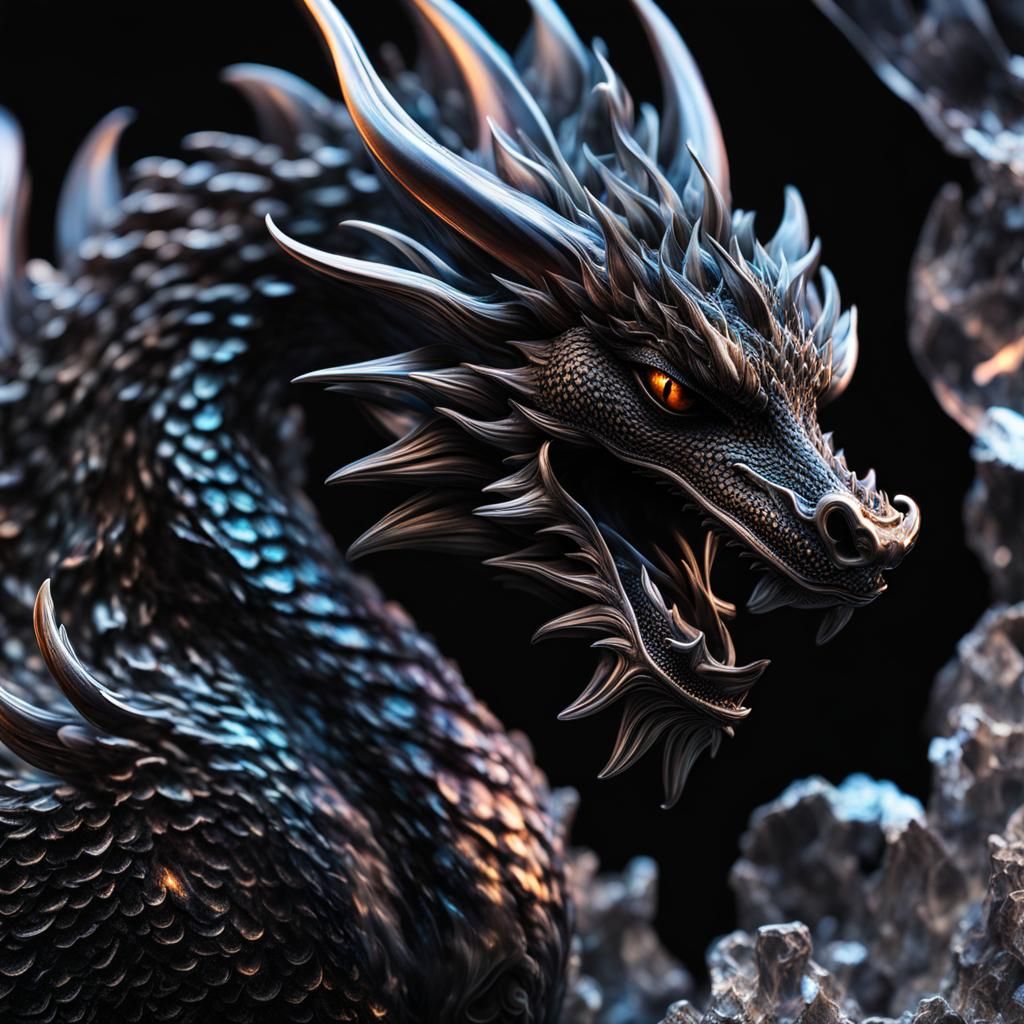 Psychedelic Crystal Dragon with Black Smoke in Hyperrealism