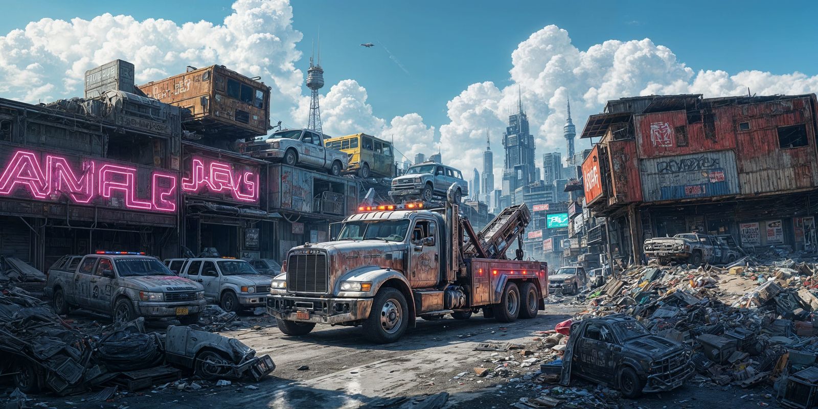 Cyberpunk Tow Truck at Junkyard Entrance