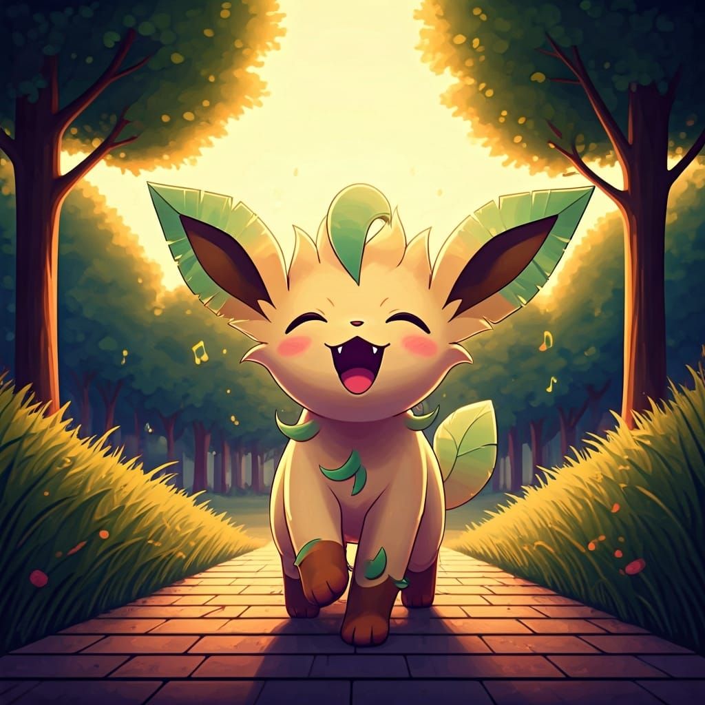 Chibi Leafeon Singing in Sunny Synthwave Park