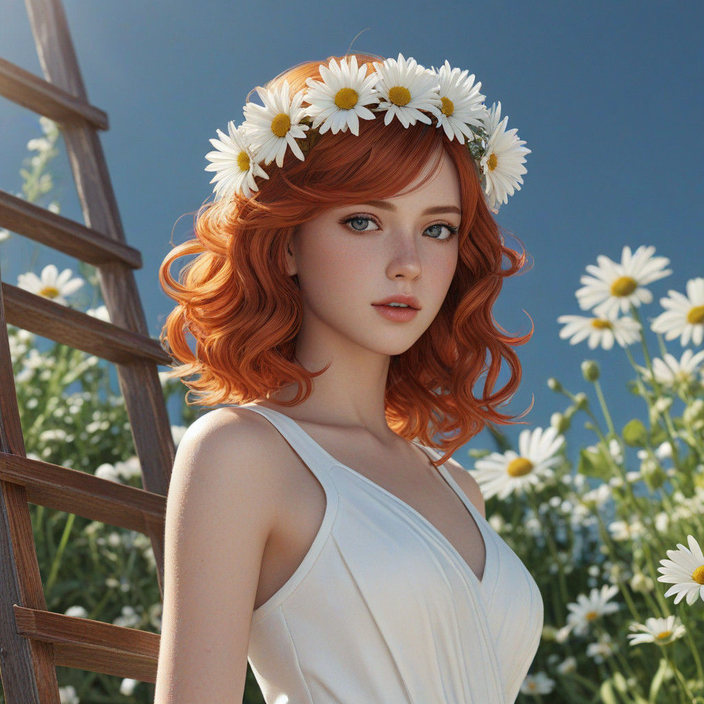Woman in Whimsical 3D Anime Composition with Daisy Crown in...