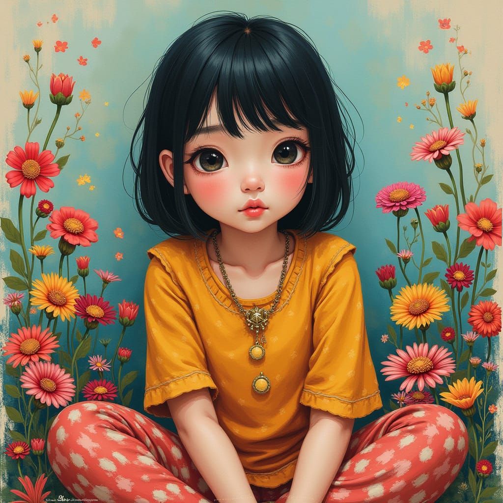 Filipino Girl Surrounded by Flowers: Dreamlike Mixed Media A...