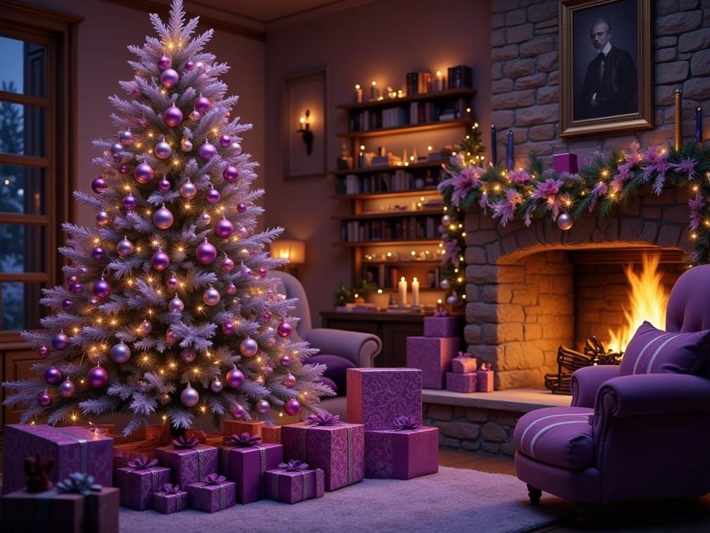 In a beautiful family room with a fireplace and comfy furniture, the Christmas tree stands in the corner, decorate...