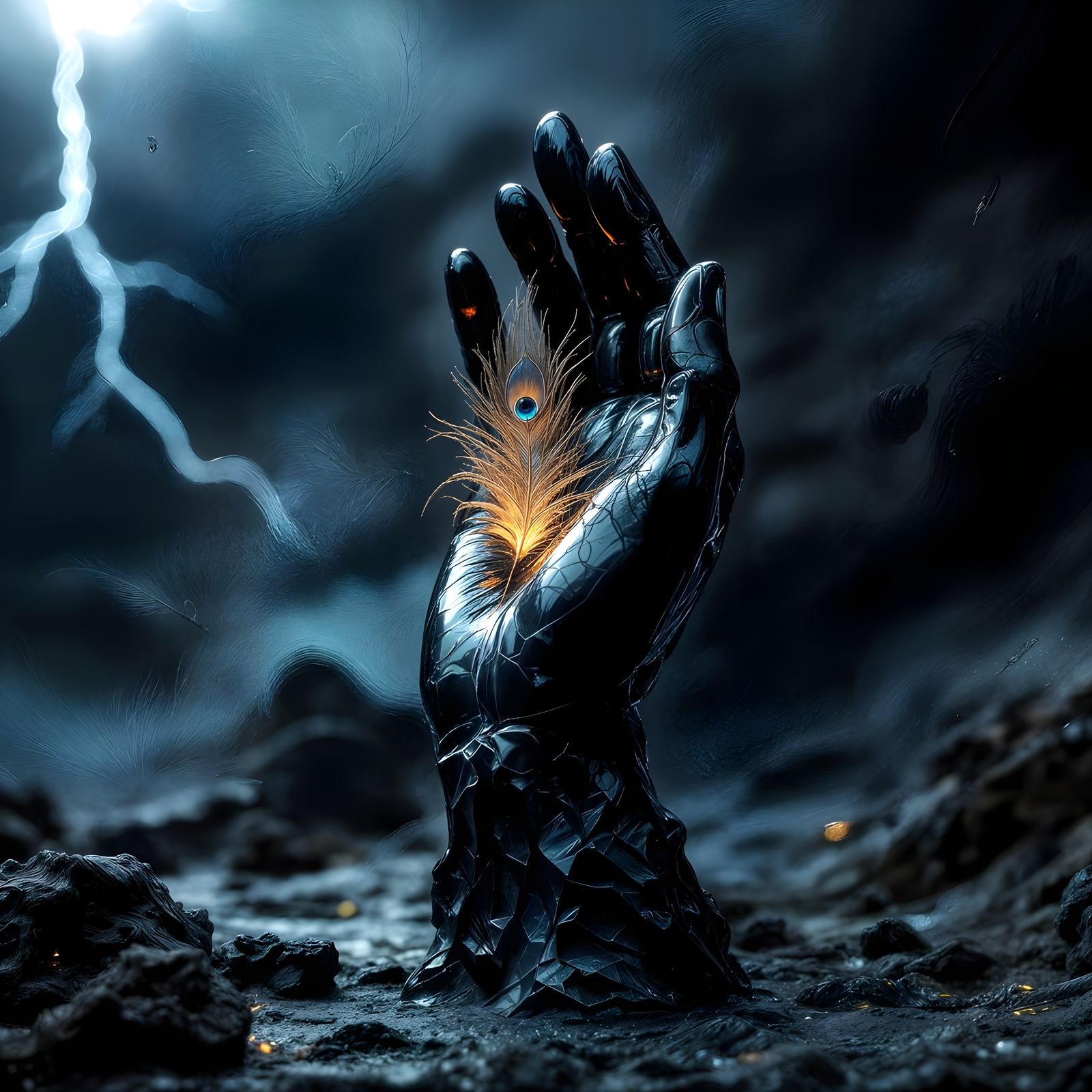 Obsidian Hand Sculpture Holding Glowing Feather