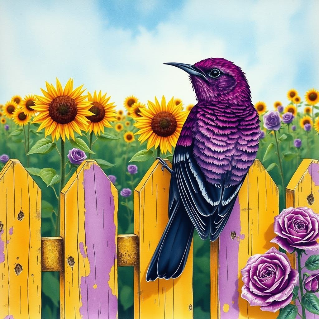 Vibrant Purple Bird Perched on a Weathered Picket Fence