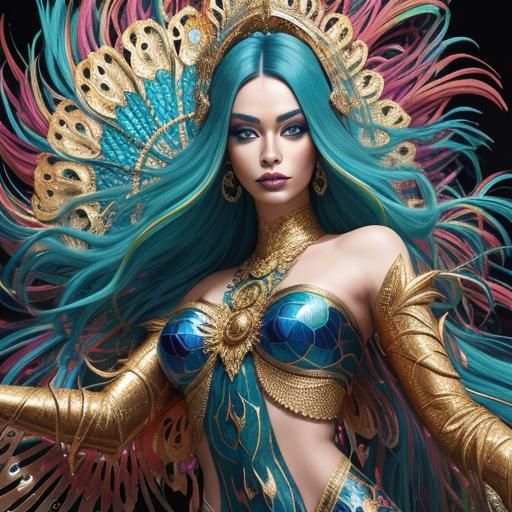 Golden Serpent Woman with Peacock Feather Hair