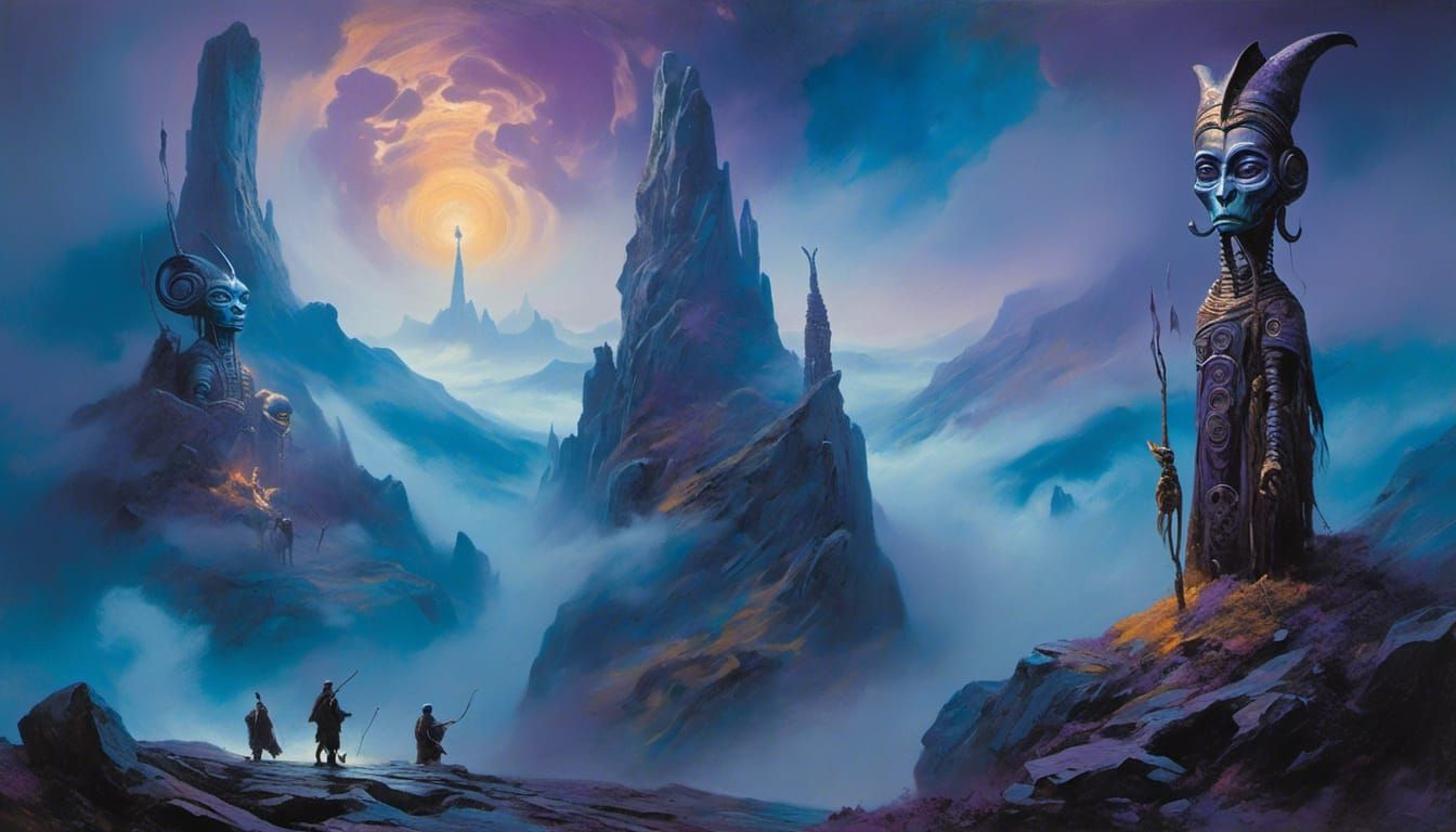 Mystical Hermit on Mountain Peak in Dreamlike Surrealism