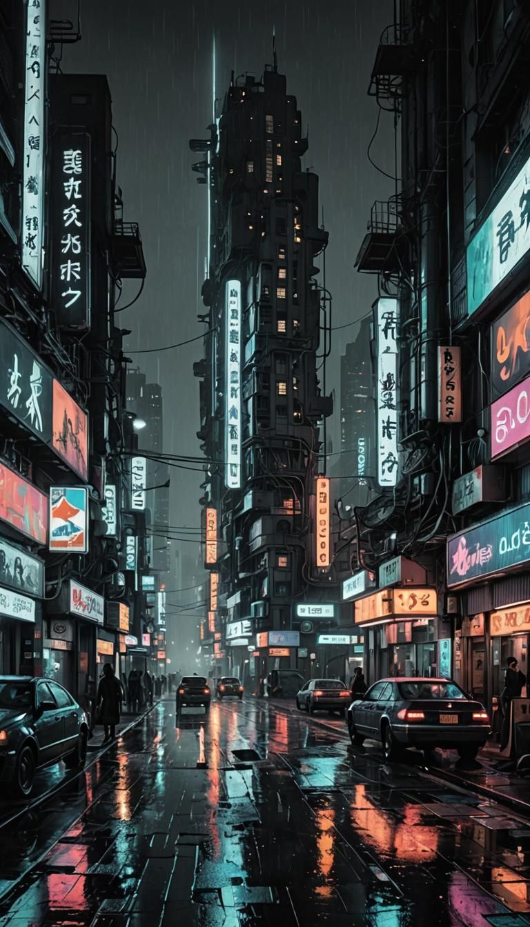 Monochrome Cyberpunk Steampunk Cityscape with Magic