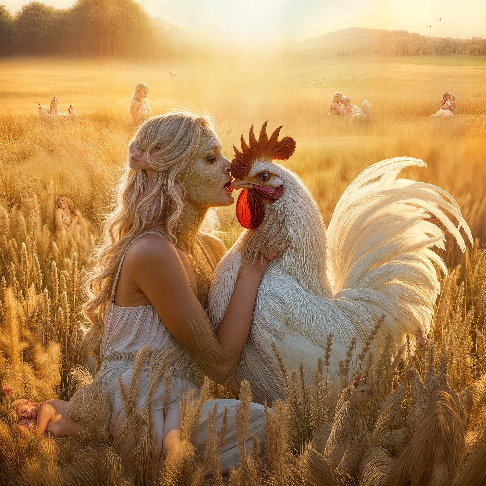 Farm Girl with Rooster: Detailed Digital Matte Painting