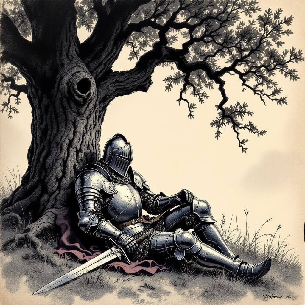 Knight Rests Under Ancient Oak in Expressive Charcoal Sketch