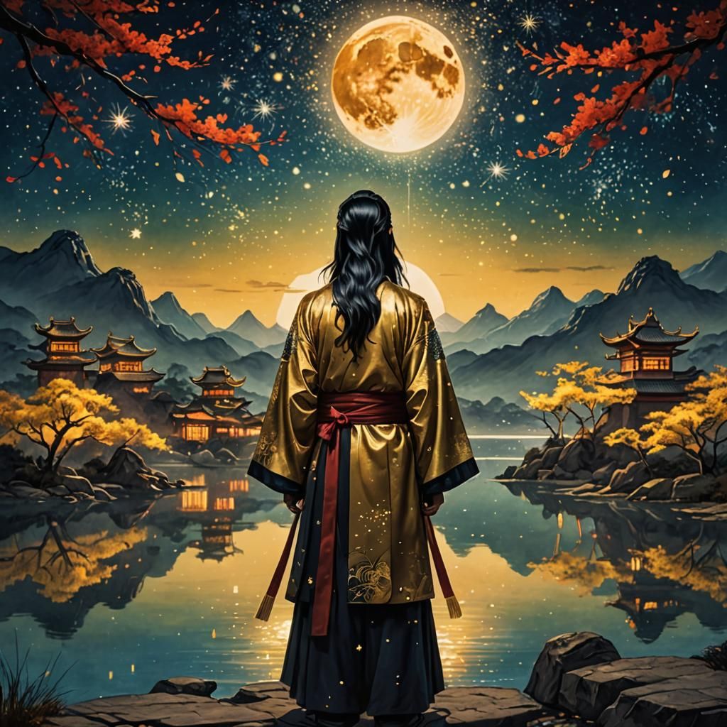 a Chinese Hanfu man looks dreamily at the lake