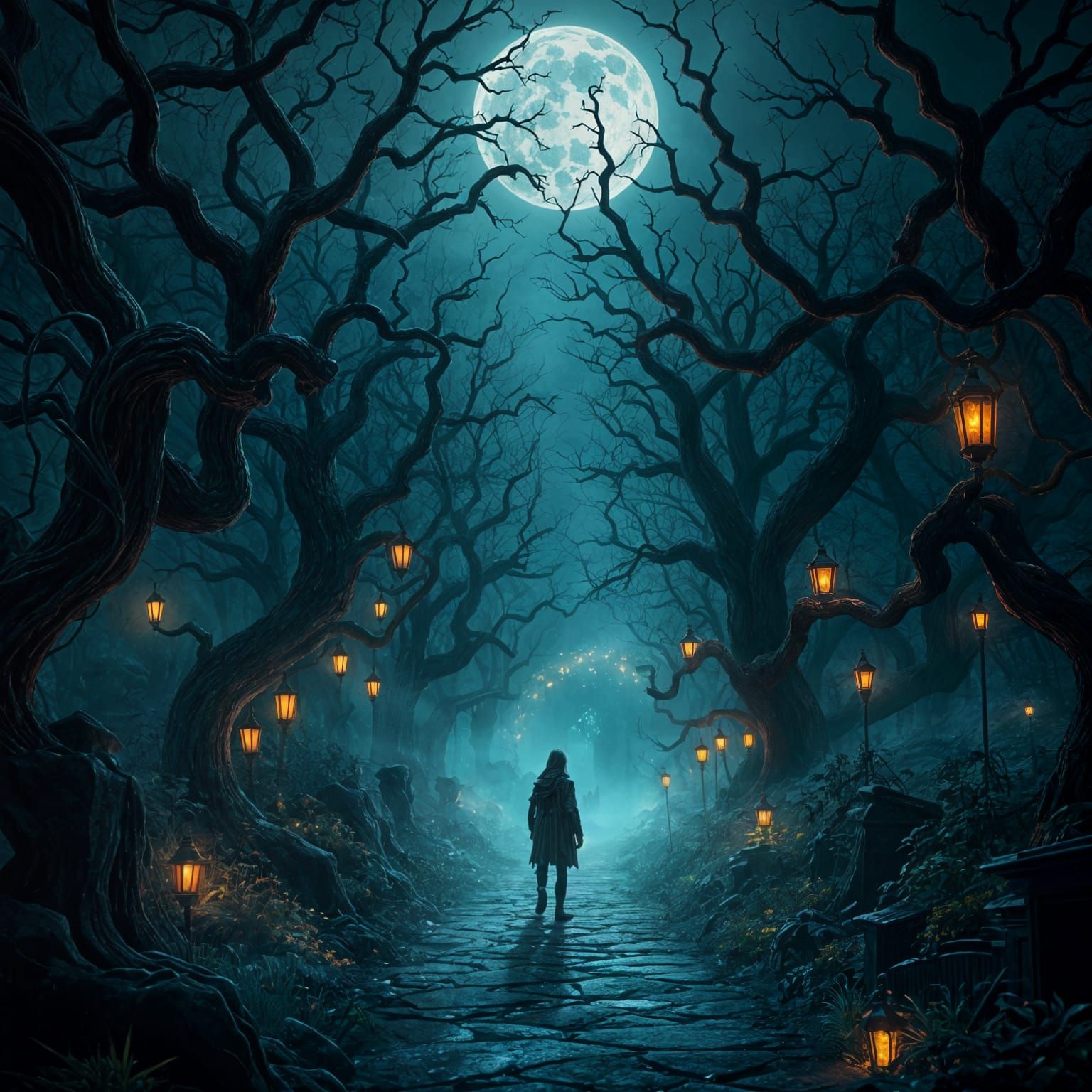 Fantastical Dark Garden Scene in Vibrant Colors