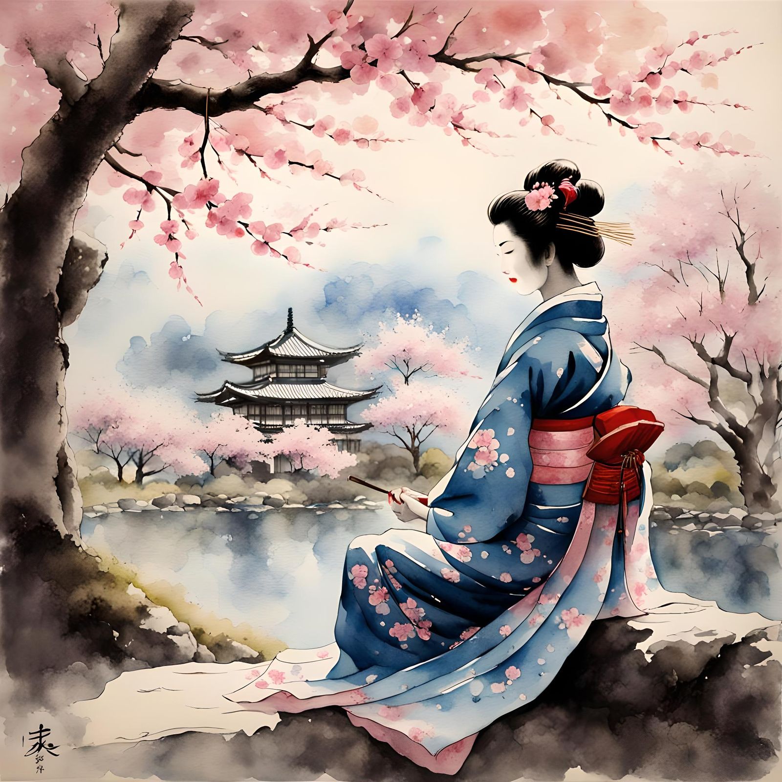 Geisha Under Cherry Tree in Watercolor Style