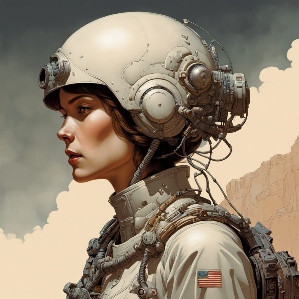 Cyborg Woman Contemplates Futuristic Landscape