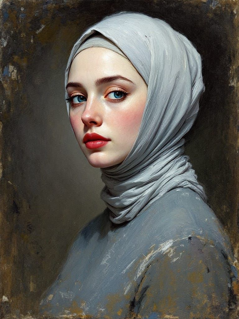 Portrait of a Beautiful Woman in Hijab as Oil Painting