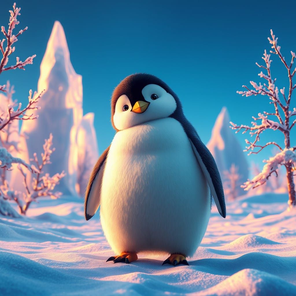 Chubby Penguin in Serene Snowy Landscape