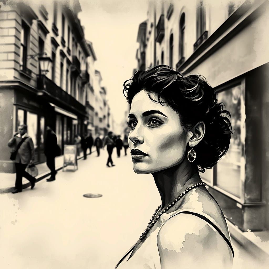 Monochrome Pin-Up Girl in Antique Watercolor Style