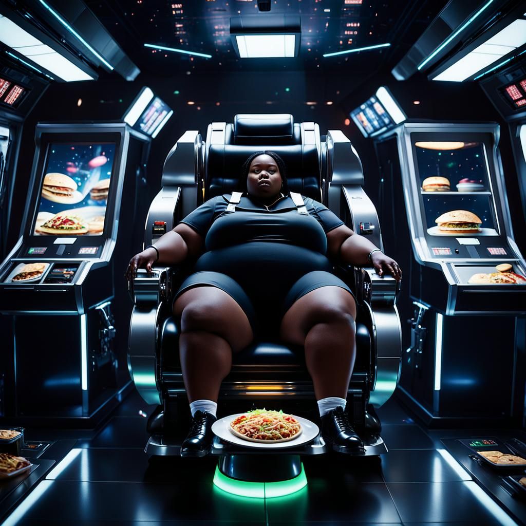 Obese Girl in Hovering Chair on Spaceship