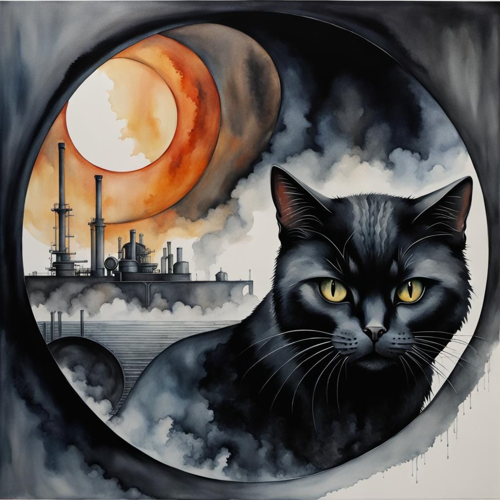 Steampunk Cat Observes Steel Circle in Watercolor