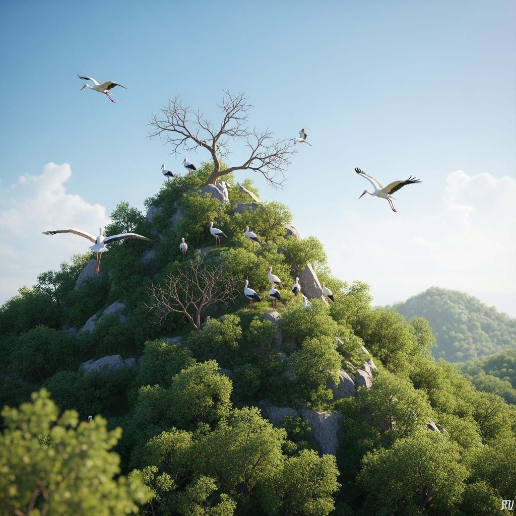 Storks Land on Lush Mountain in Pastoral Serenity