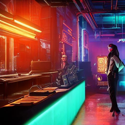 Gritty Retro-Futuristic Cyberpunk Goddess in Neon Coffee Sho...