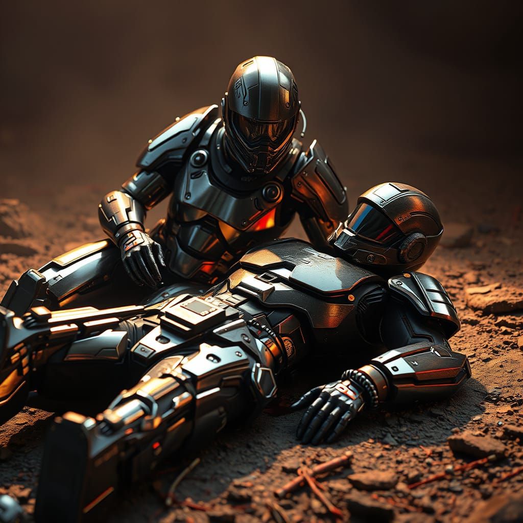 Grieving Soldier Beside Fallen Comrade in Sci-Fi Armor
