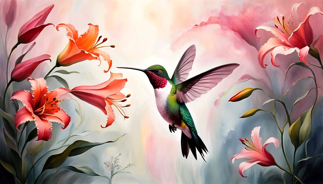 Hummingbird and Lily in Dreamy Watercolor Style