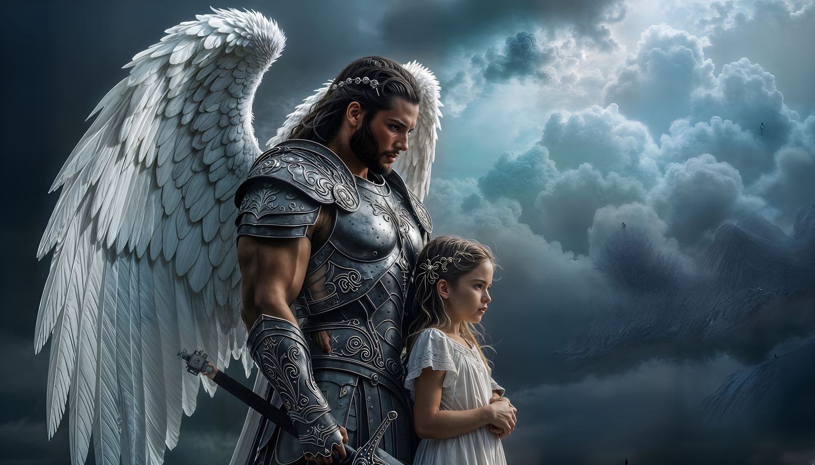 Angel Warrior Guards Girl Against Storm Clouds