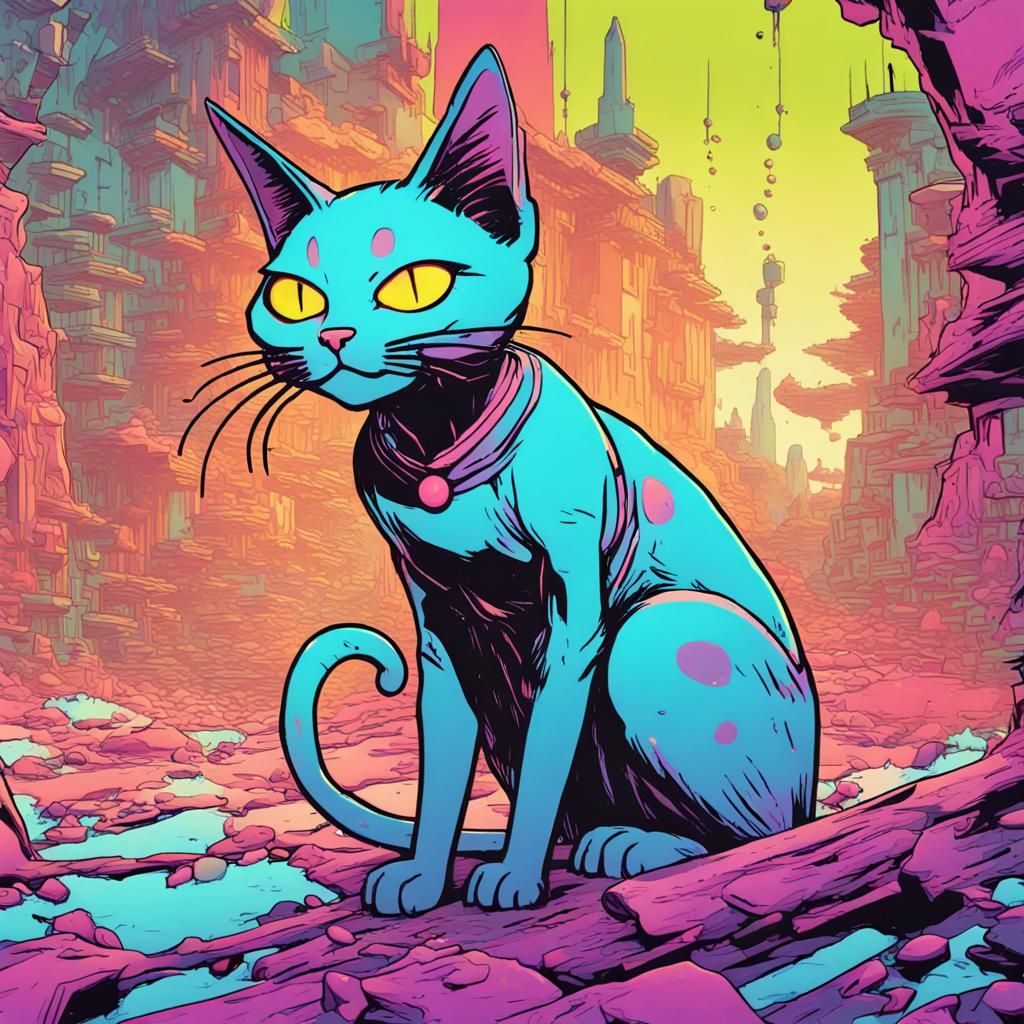 Psychedelic Alien Cat in Vibrant Comic Art Style