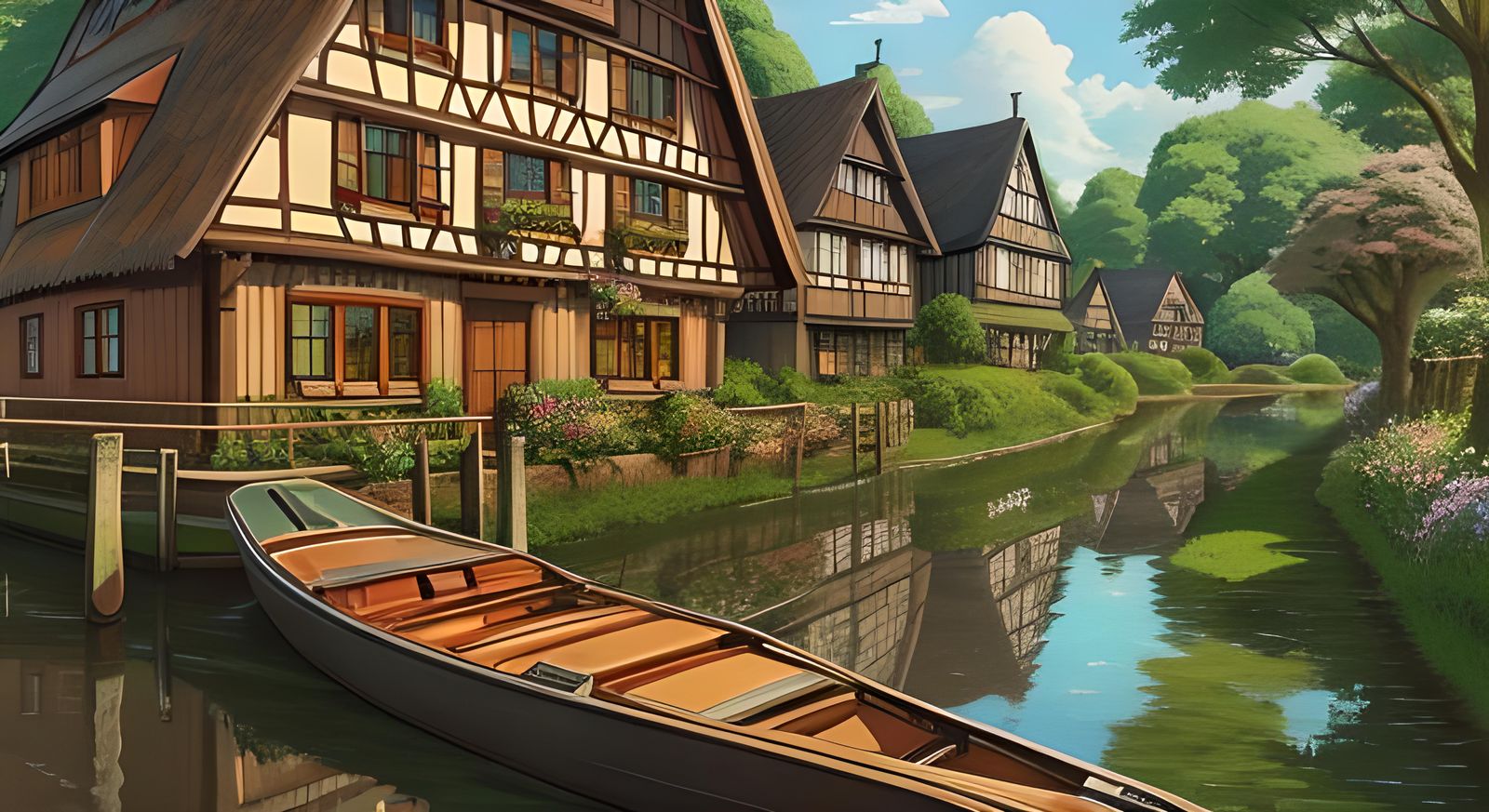 Ghibli-Style German Canal House Anime Illustration