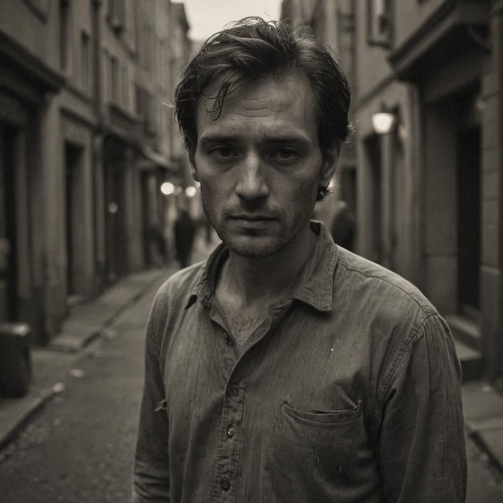 Melancholic Man Walks Alone: Photorealistic Portrait