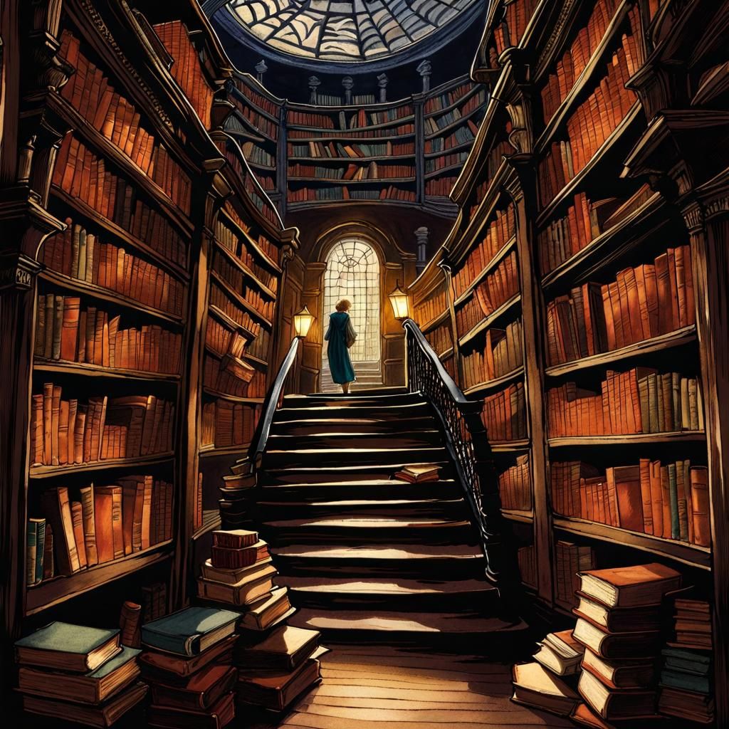 Library Staircase: Neo-Impressionist Watercolor Painting