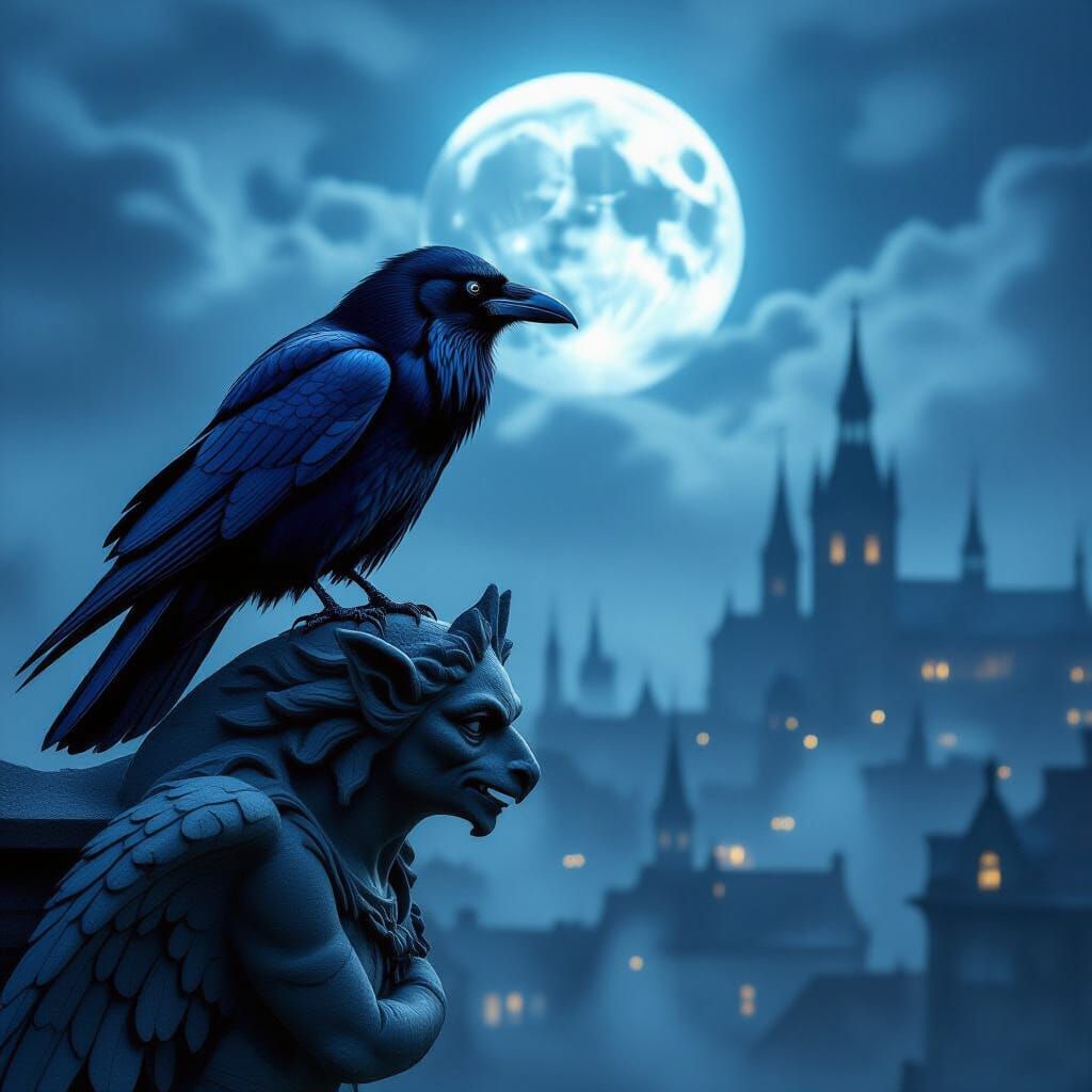 Raven on Gargoyle Over Foggy Cityscape in Cinematic Light