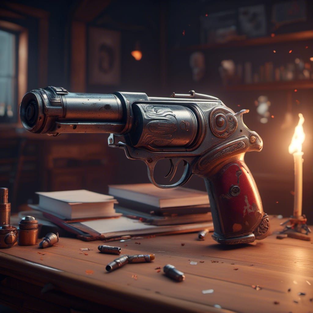Flare Gun on Desk: 3D Game Cinematic Render