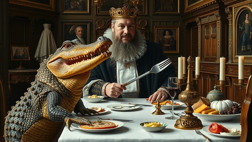 Tudor King Henry VIII Dines with a Crocodile in Windsor Cast...