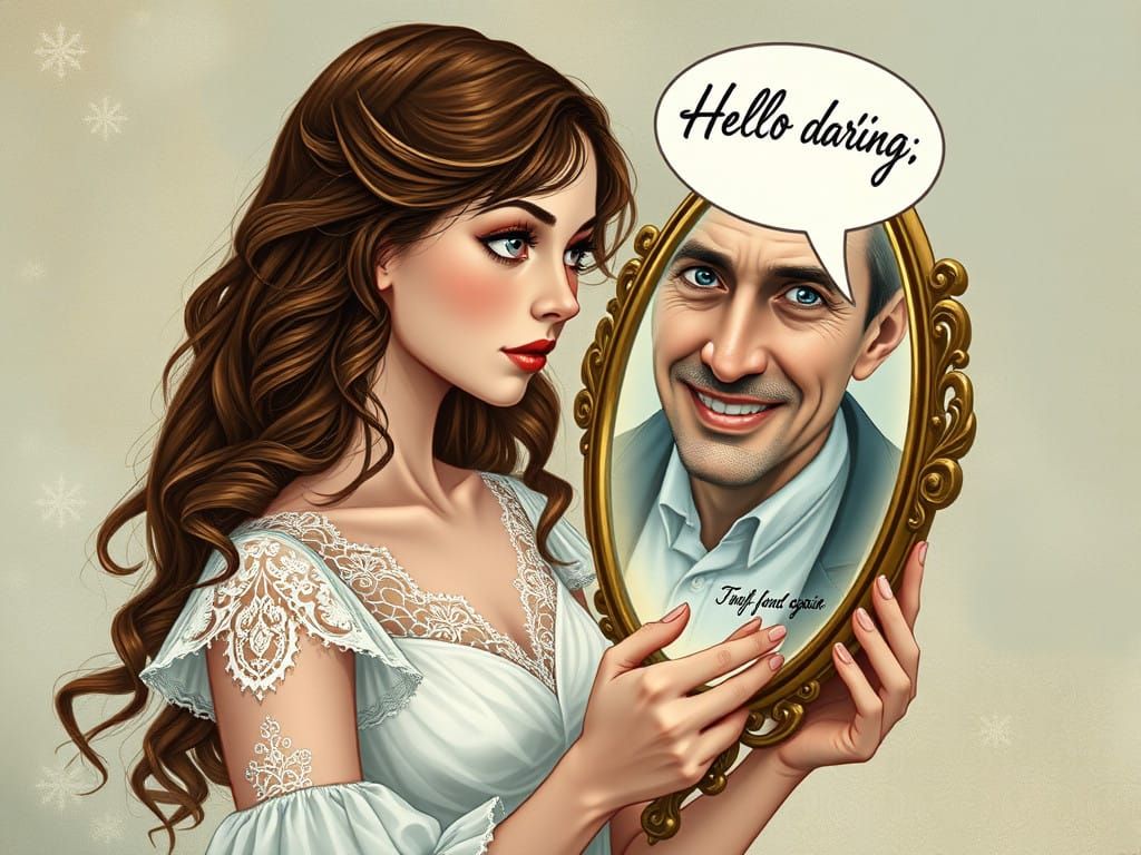 Surrealist Portrait of Young Woman and Ageless Gentleman in...