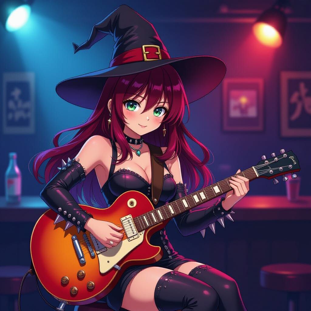 Anime Witch Plays Guitar in Cel-Shaded Style