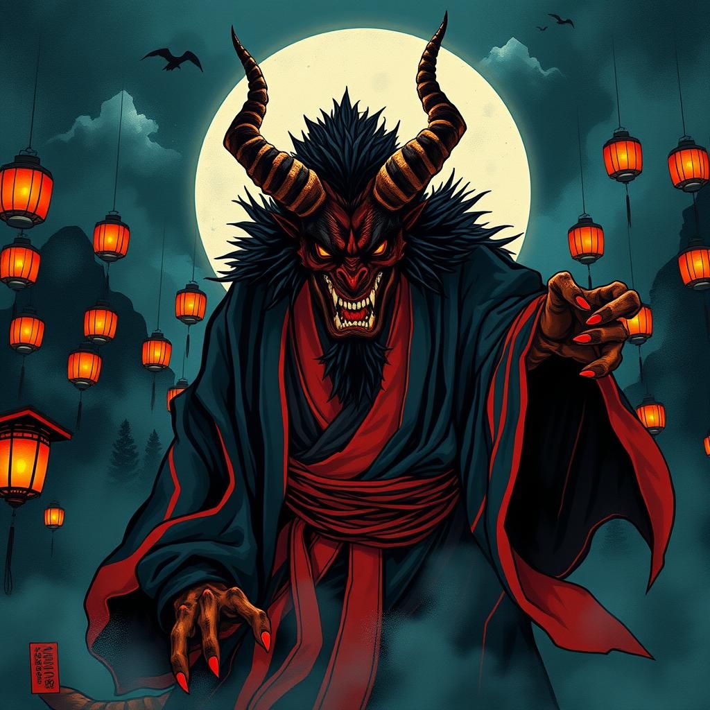 Menacing Asian Demon in Ukiyo-e Style