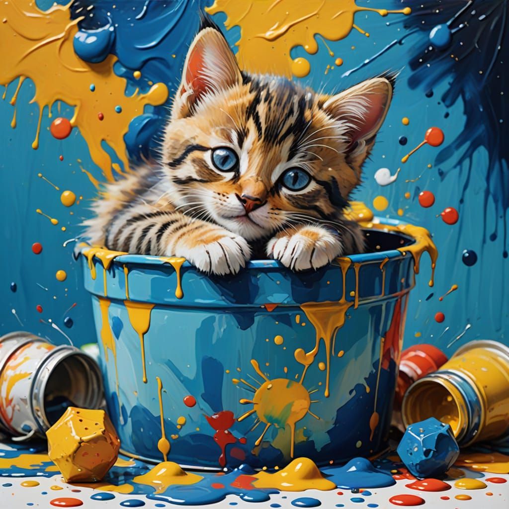 Adorable Kitten Sleeping in Paint, Vibrant Oil Painting