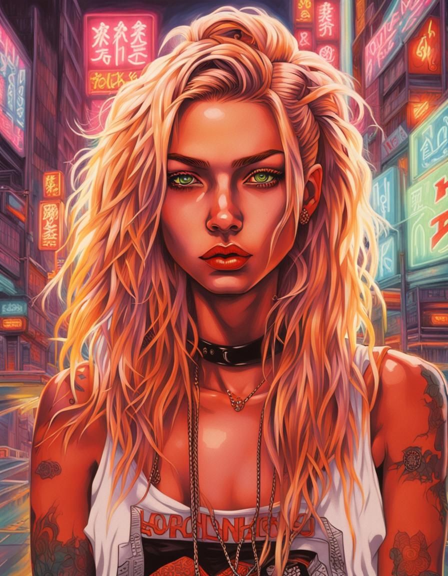 Blonde Punk Rocker in Neon Cityscape