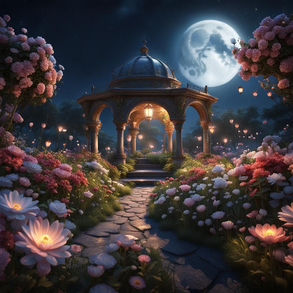 Moonlit Garden in Full Bloom: 3D Render
