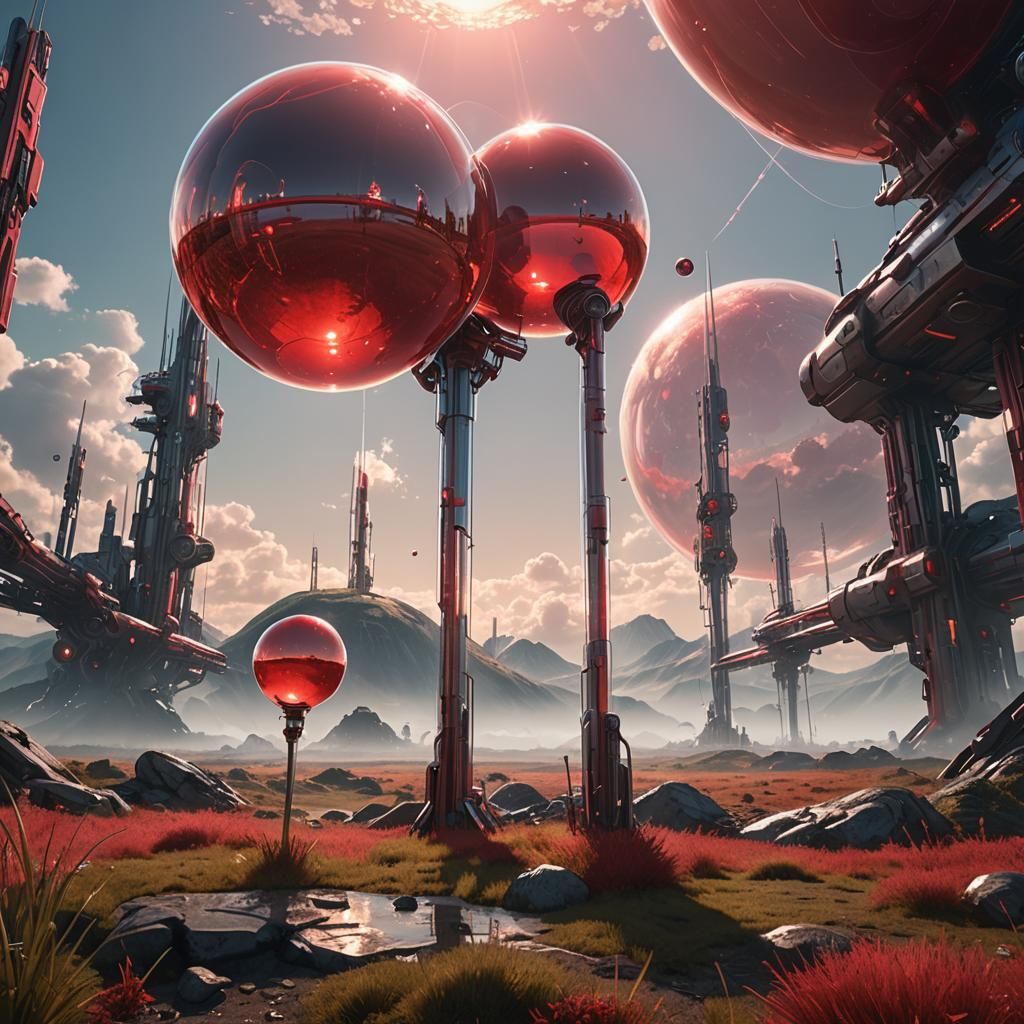 Futuristic Sci-Fi Landscape with Red Bubbles