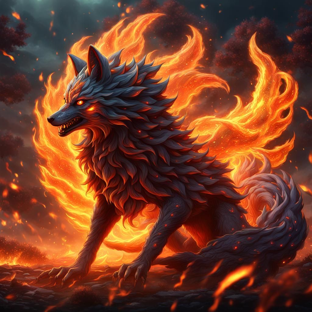Fiery Nine-Tailed Fox: Detailed Fantasy Art