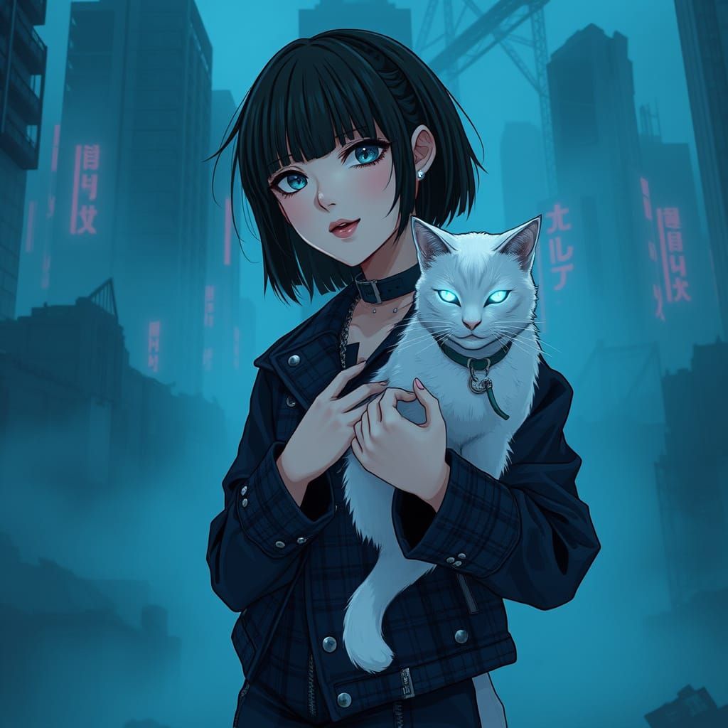 Manga Girl in Dystopian Cityscape