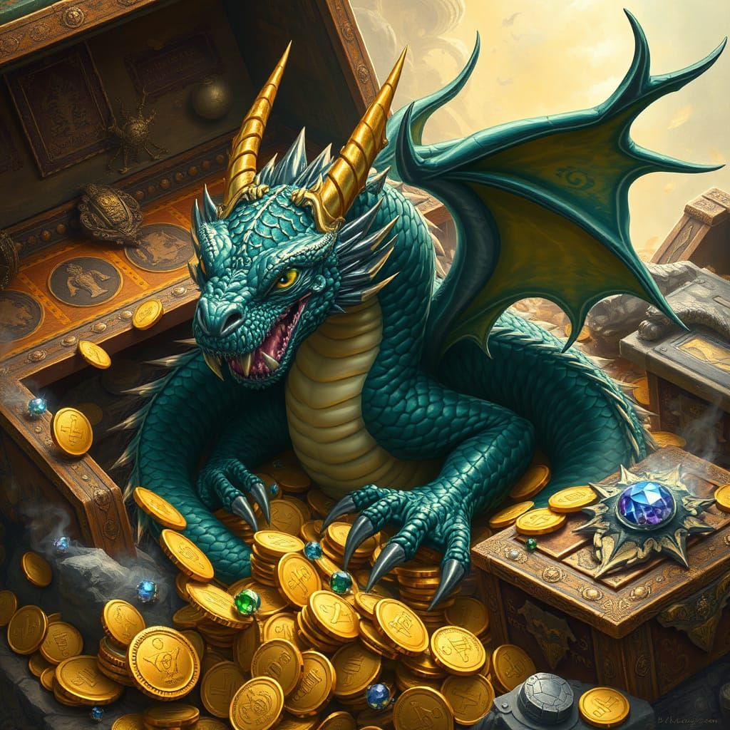 Dragon on Treasure Hoard in Fantasy Style