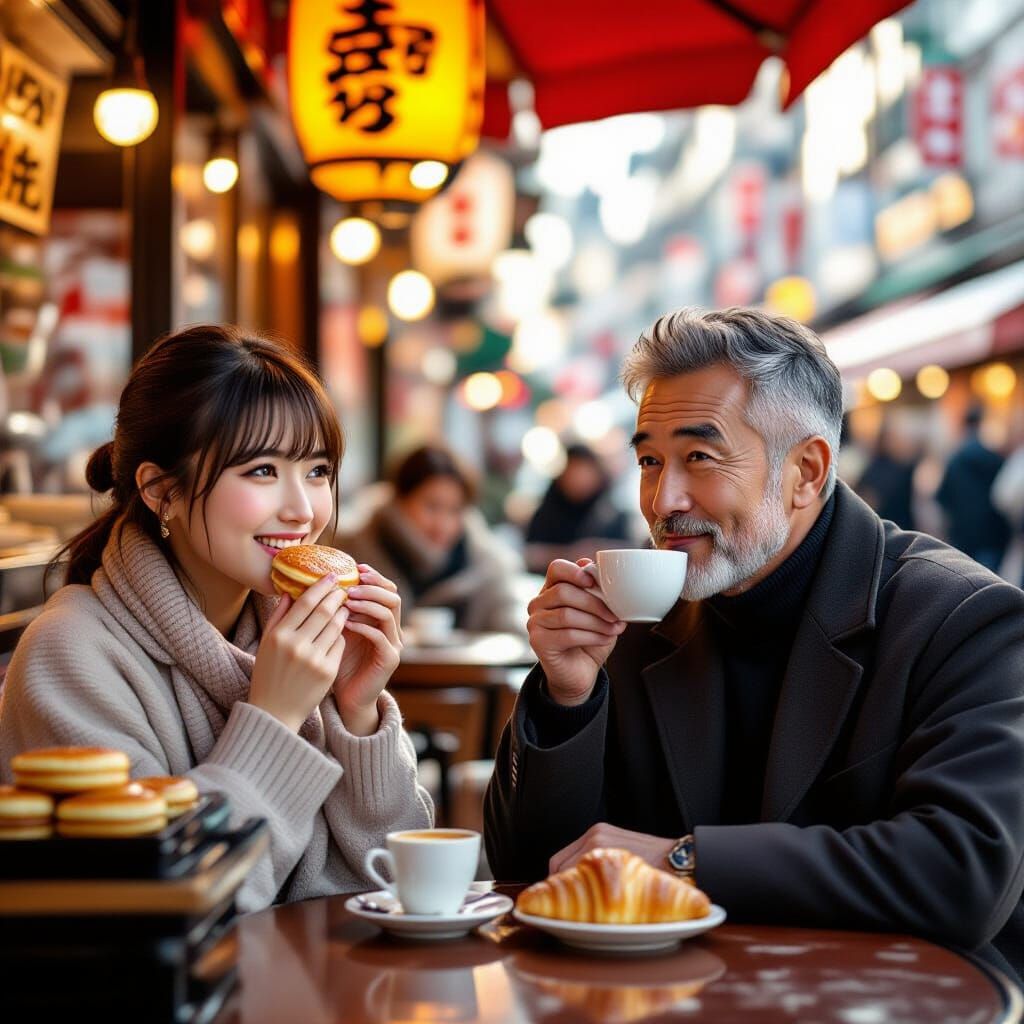 Japanese Girl and Italian Man Enjoying Street Food