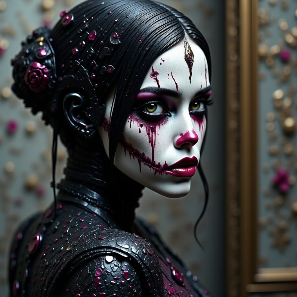 Cyberpunk Female Mime in Melancholic Stance