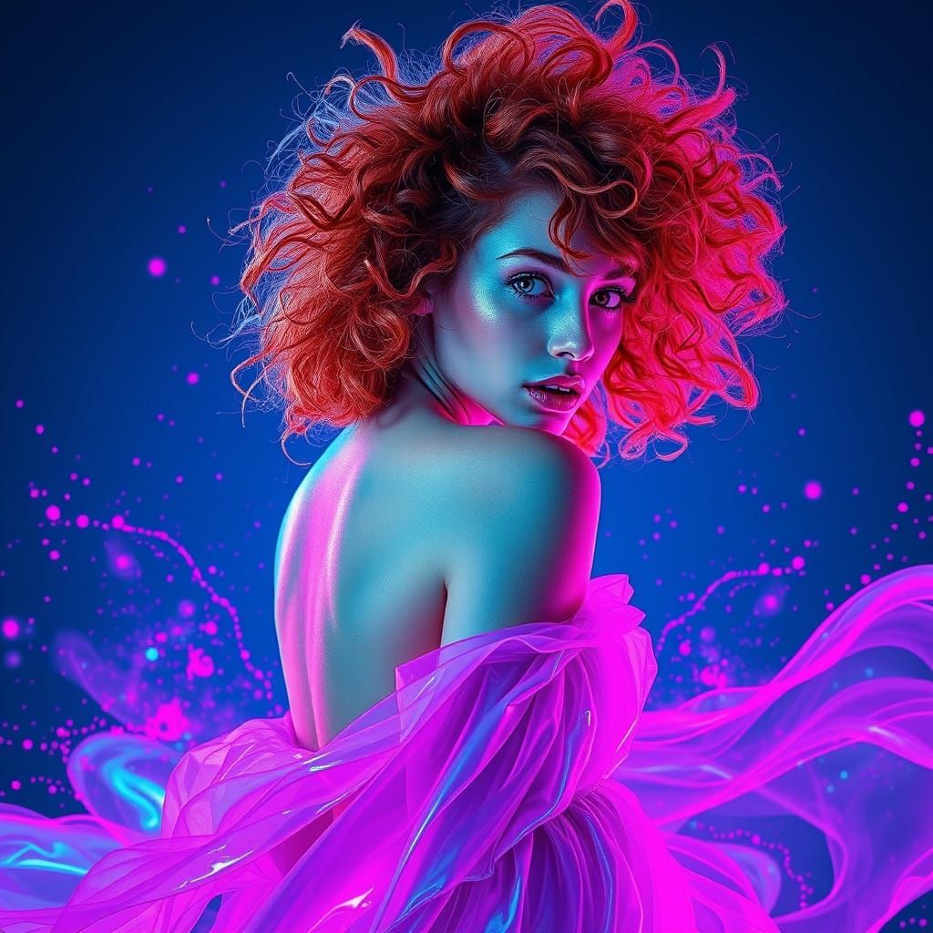 Neon-Lit Ginger Woman in Glitchwave Splash