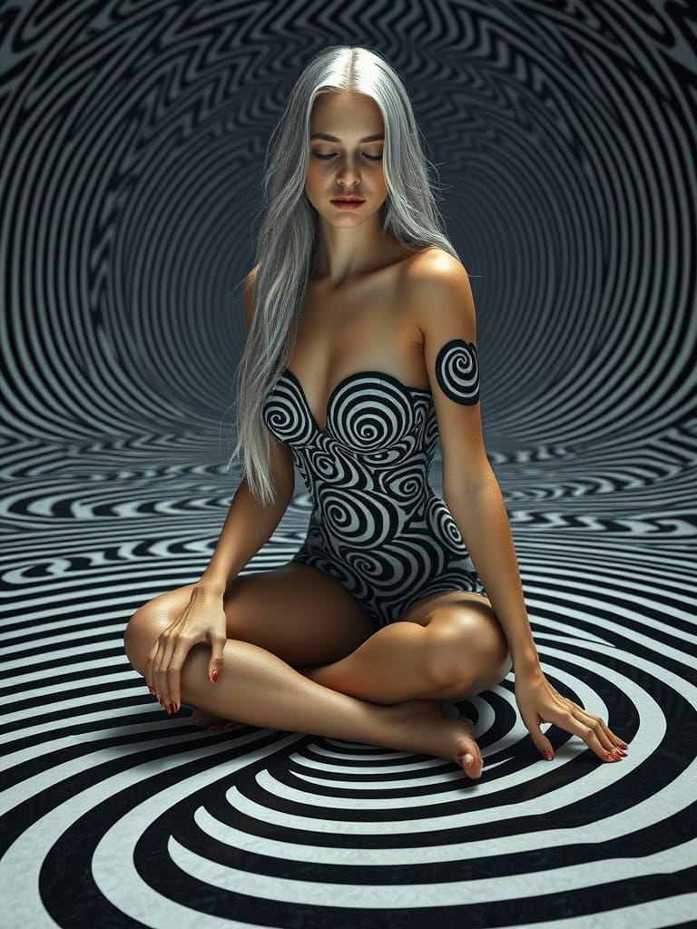 Surreal Portrait of Elegant Woman in Optical Illusion Room